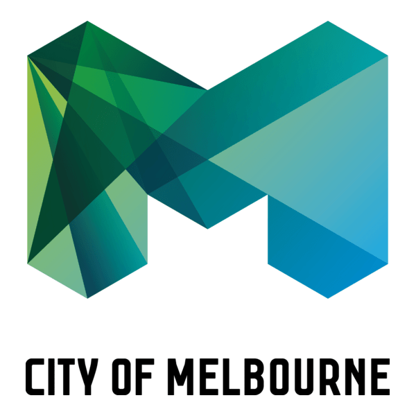 Abstract geometric design forming the letter 'M' with shades of green and blue, with the text 'City of Melbourne' below.