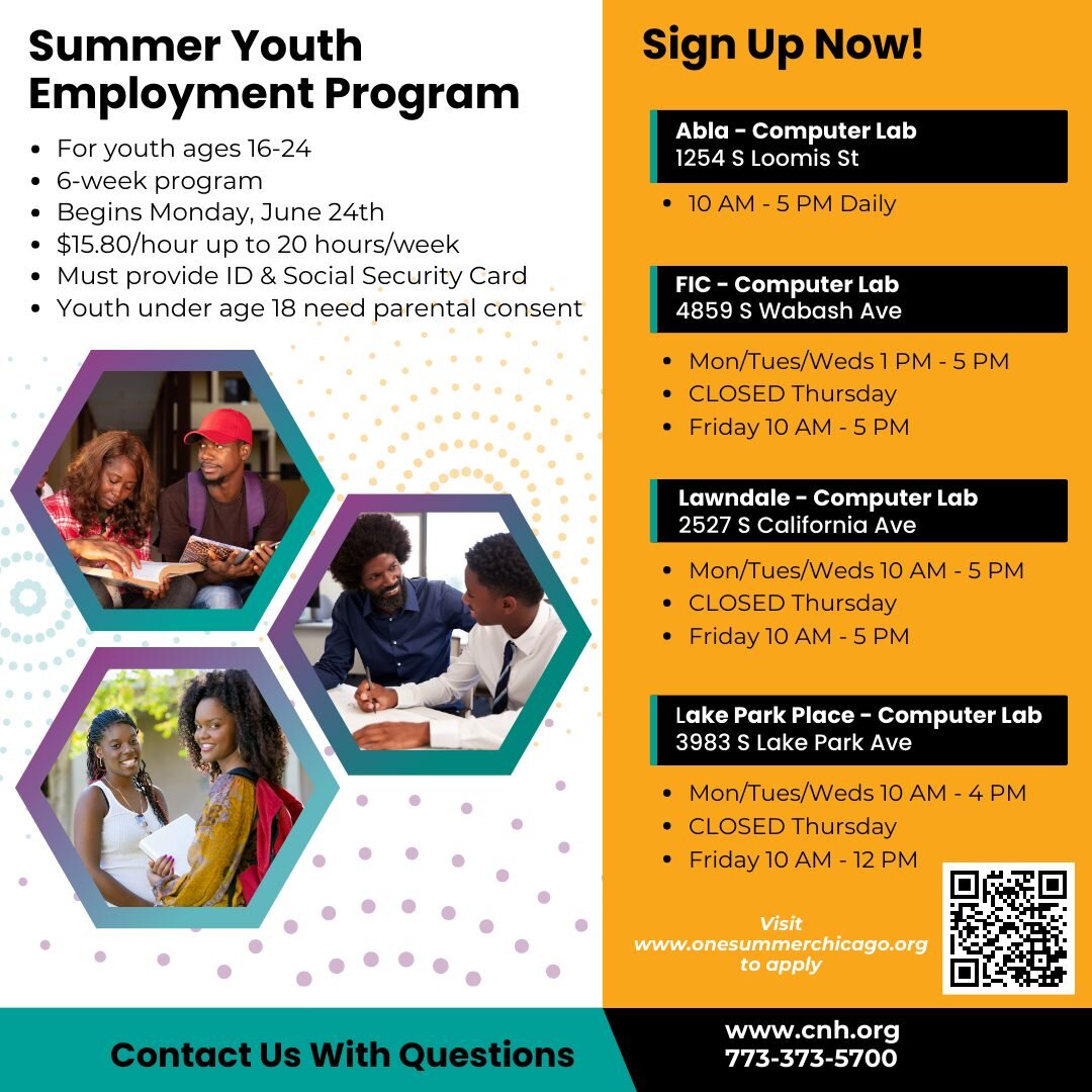 🌟 If you are between the ages of 16-24 and looking for a job this summer, sign up today for our Summer Youth Employment Program through One Summer Chicago! 🌟 

👉🏿Learn more here: www.cnh.org/syep 

#SummerJobReady #OneSummerChicago  #YouthEmploym