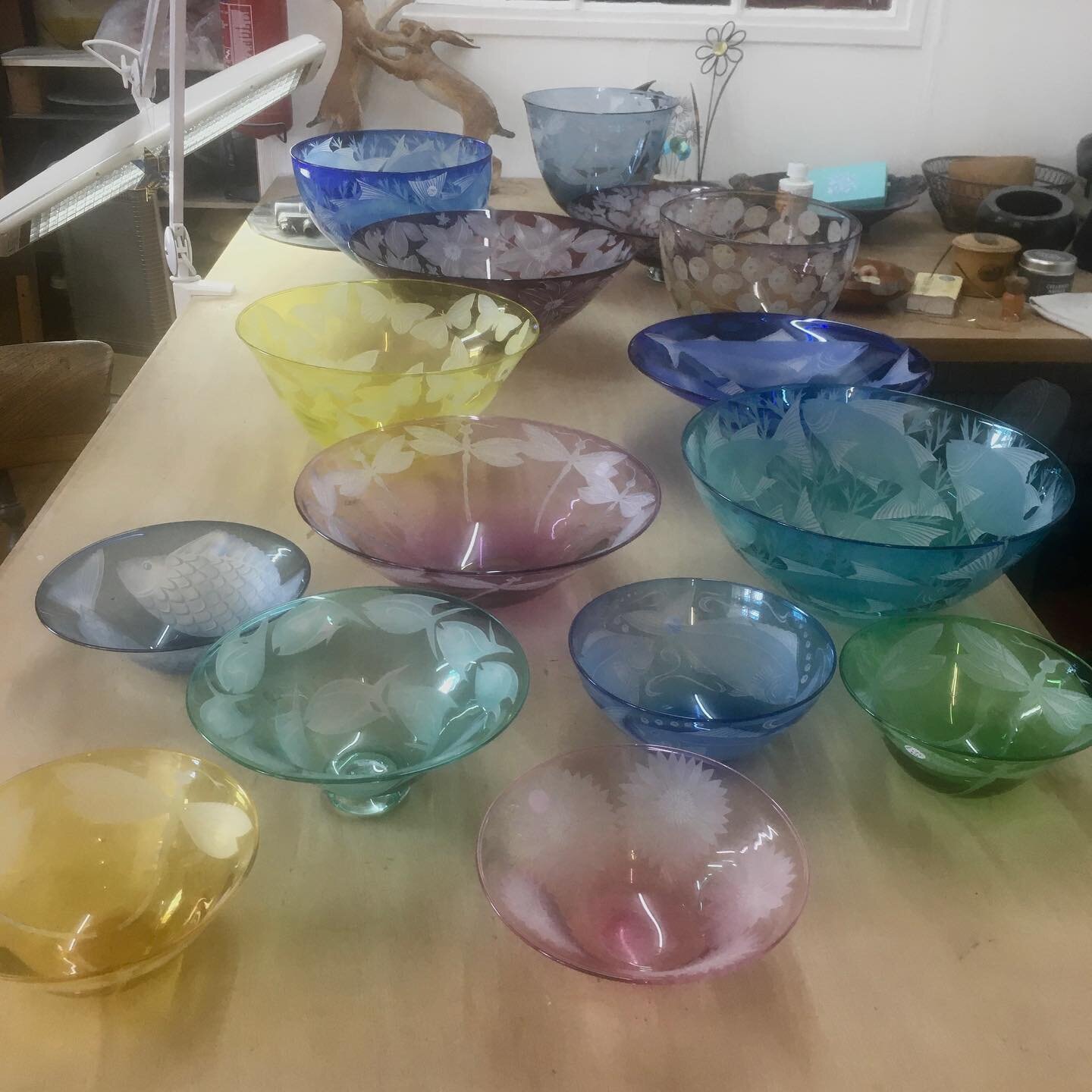 DONE! On 25th July I had a table full of glass taped up, drawn and cut ready for sandblasting. Now I don&rsquo;t😁#workdone #sandblastedglass #newbowls #handmadeglass #madewithlove #buybritish #britishglass #colouredglass.