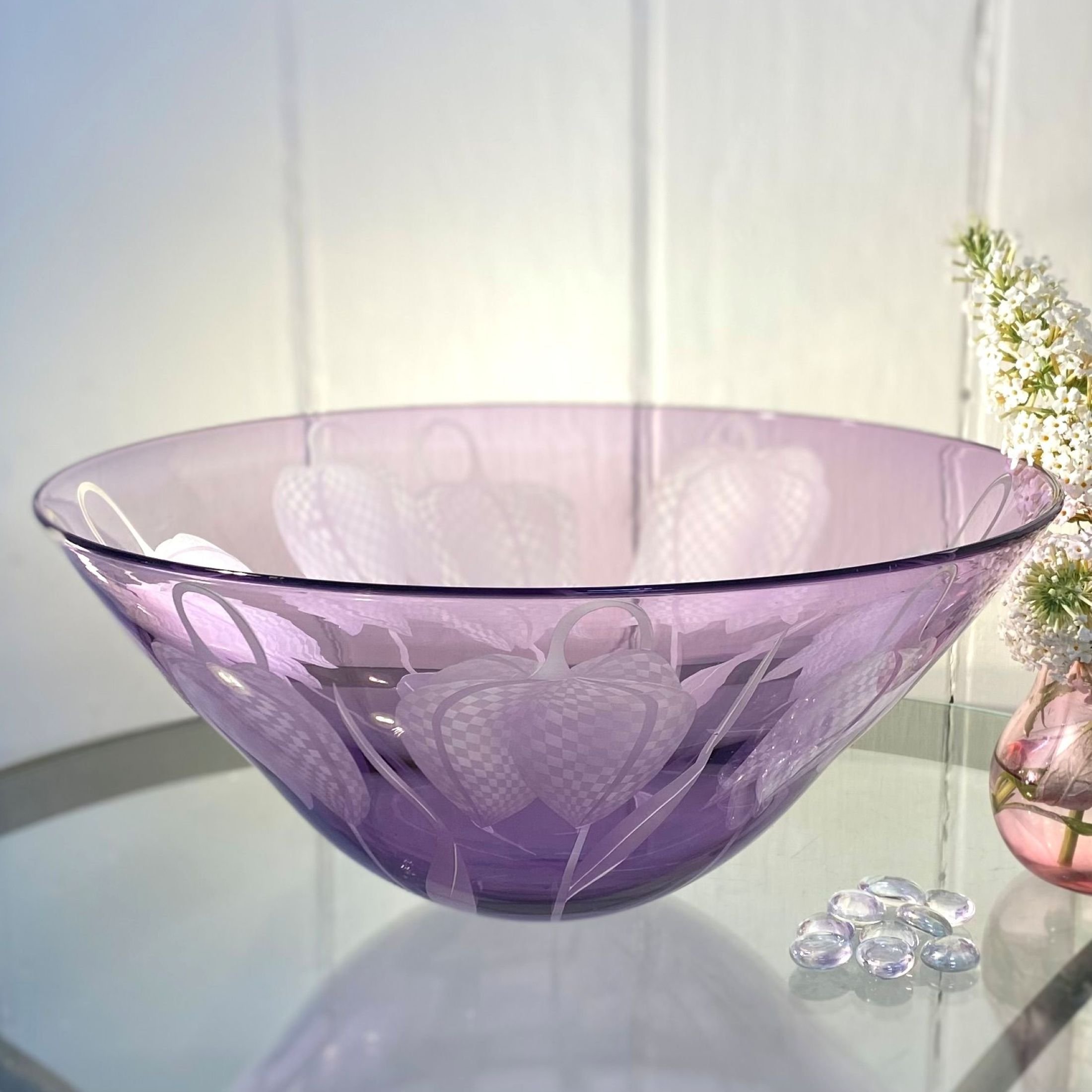 Purple crystal bowl decorated with fritillaria by Julia Linstead, Glass
