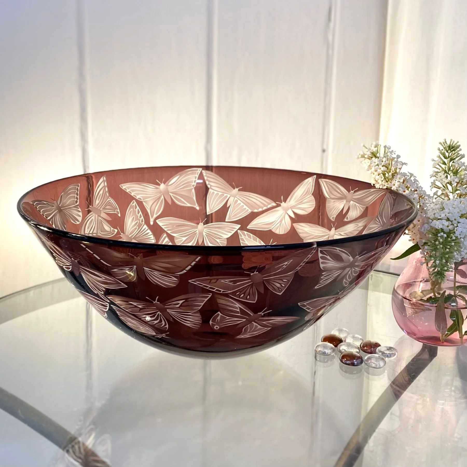 Amethyst crystal bowl decorated with butterflies by Julia Linstead, Glass