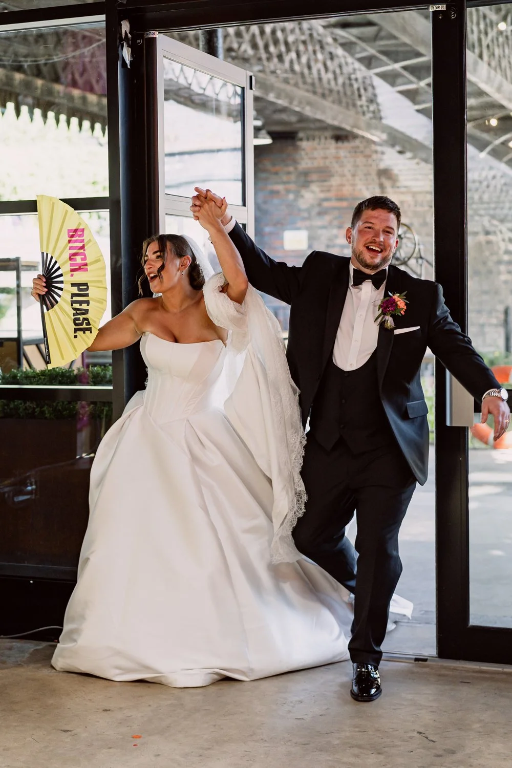 Bride and groom dancing as they enter their wedding breakfast at The Bond in Digbeth