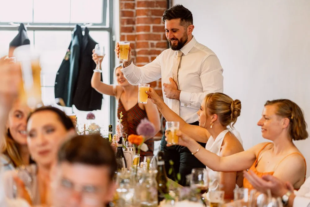 Groom boating during speeches on Leeds wedding day