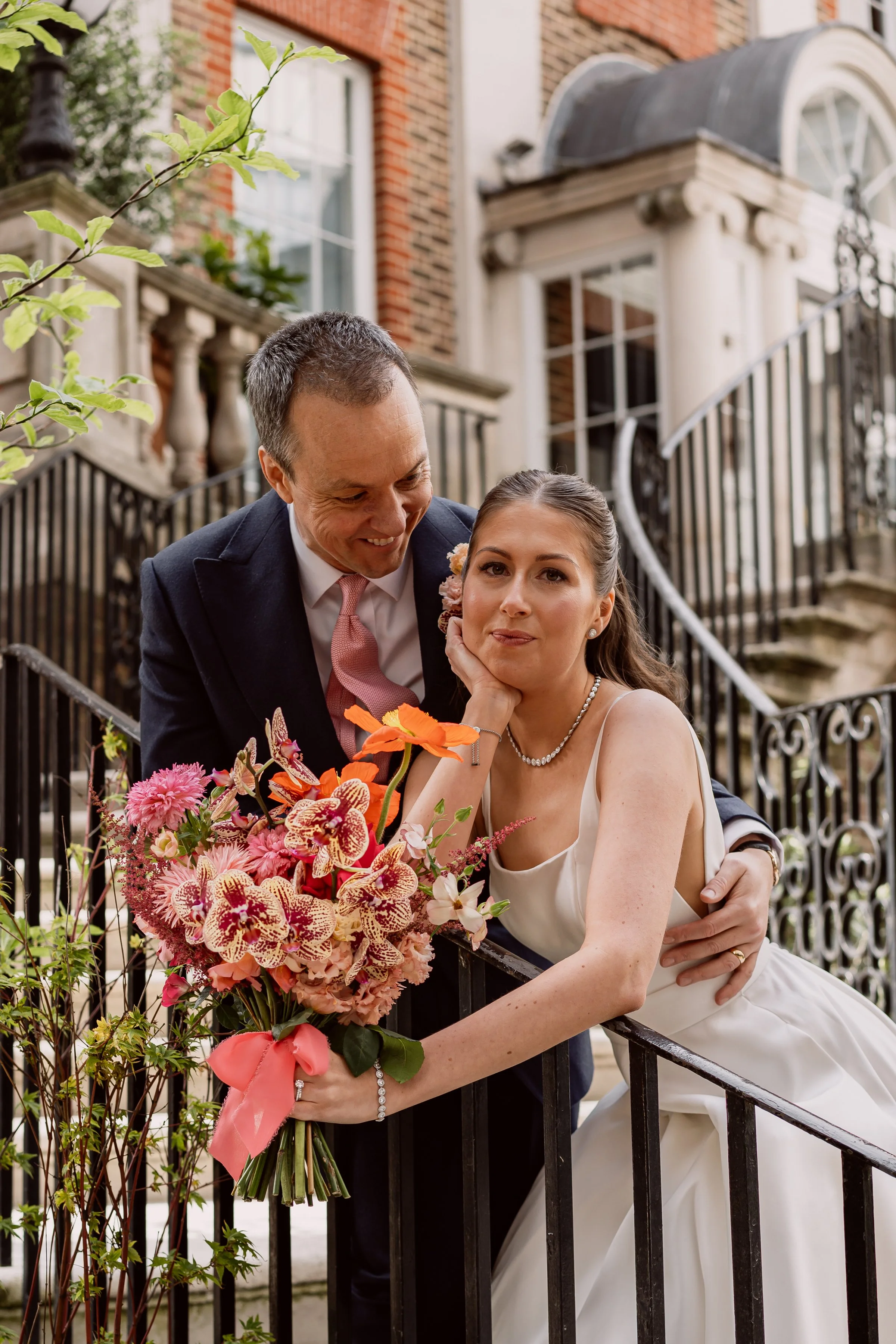 Bride and groom together outside their wedding venue Kindred in London