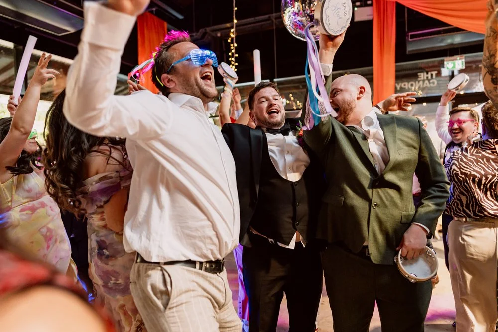 Groom and guests dancing at bongo bingo on Digbeth wedding day