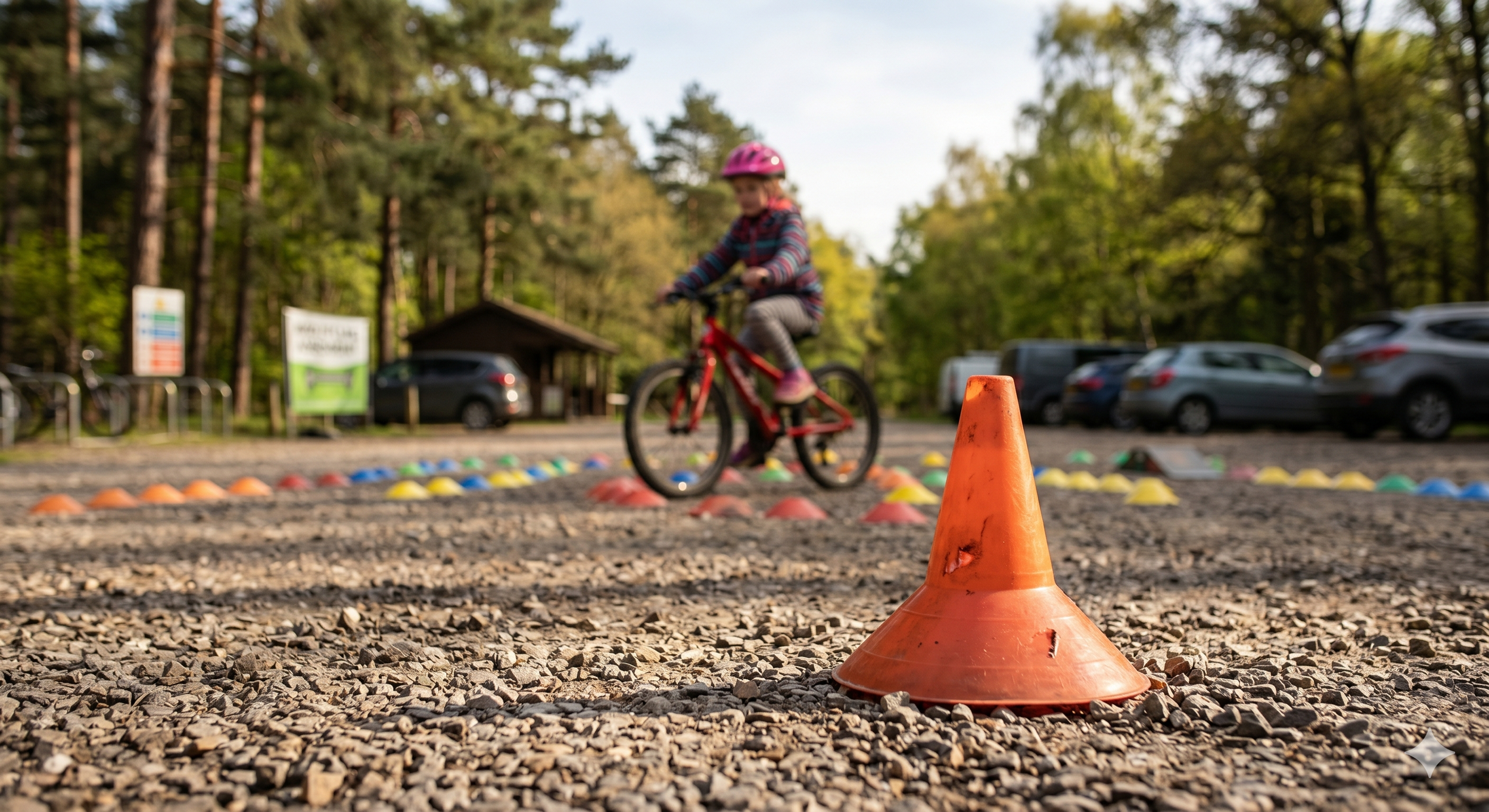 A child navigationg cones in a car park on her bicycle during a GoMTBKids Skills Assessment and taster session.