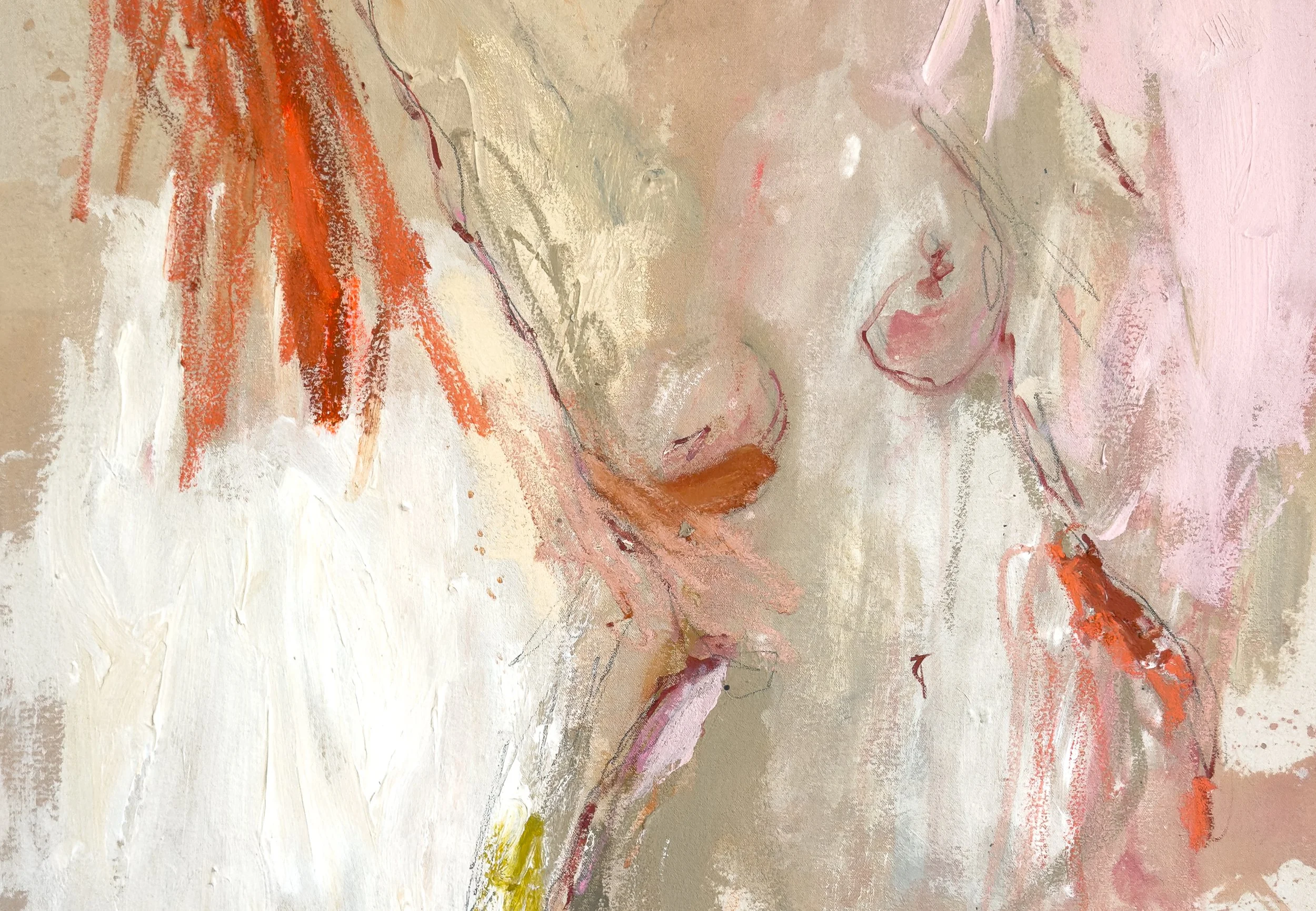 DETAIL CROP OF SEMI ABSTRACT FIGURATIVE PAINTING OF A WOMAN WITH GESTURAL BRUSH STROKES AND EARTHY TONES