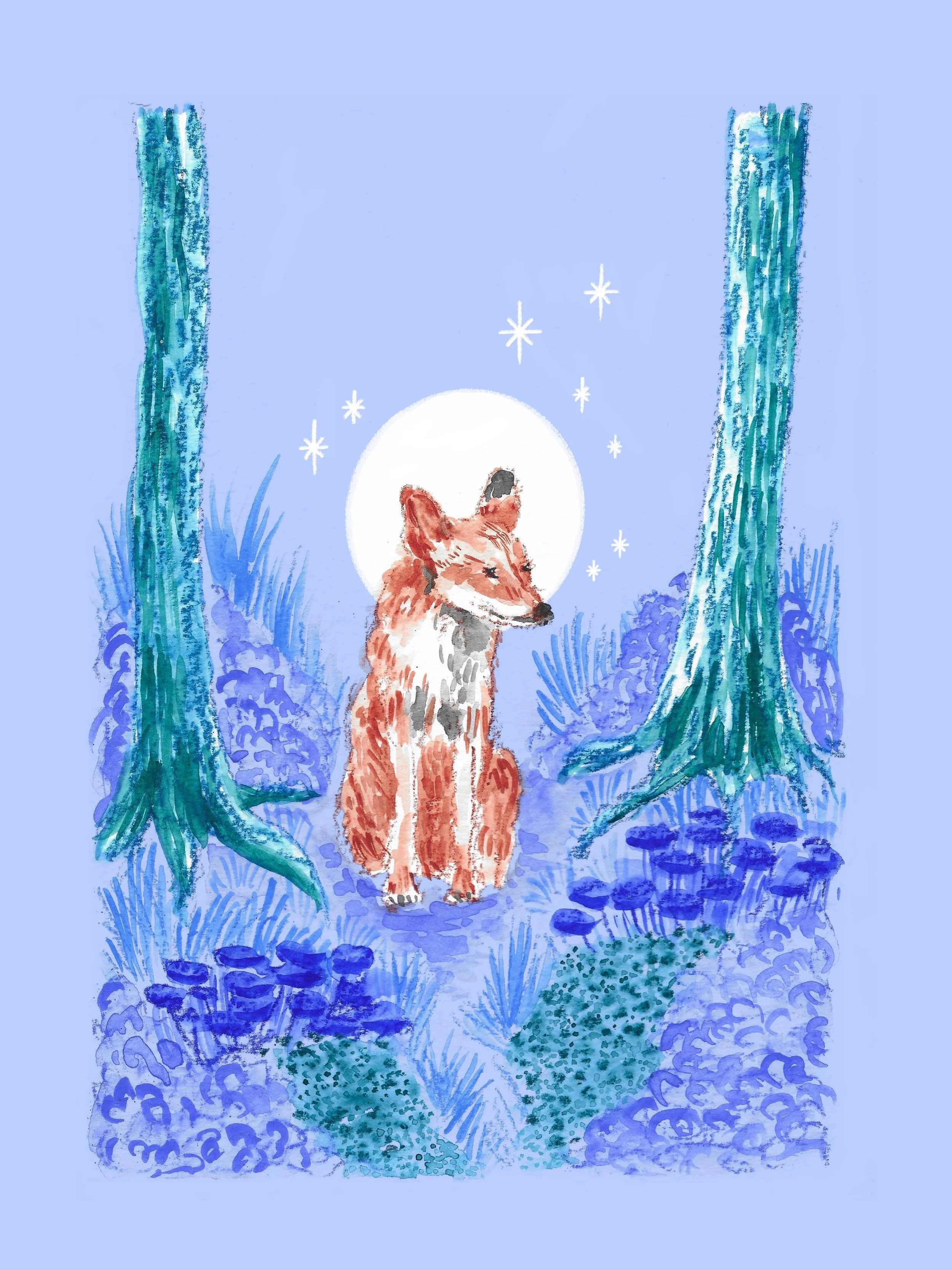 It&rsquo;s midnight in the forest but the light of the moon is dazzling.

@carandache Neocolor ii and Procreate.

#animalillustration #childrensbookillustration #fox #forest