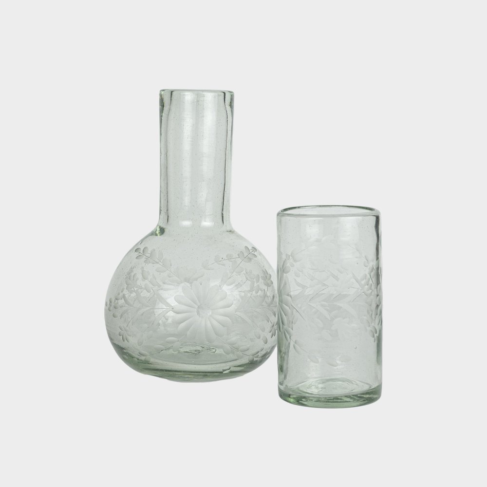Floral Etched Bureau Carafe in Blown Recycled Glass — GARDENHEIR