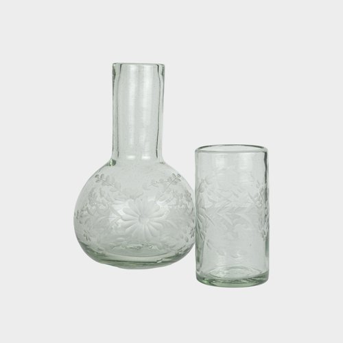 Half Liter Glass Water Carafe and Glass with Etched Design - the Envoy