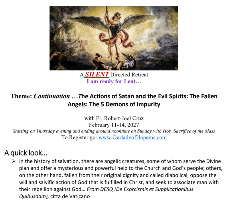 The Extraordinary Actions of Satan and the Evil Spirits - The Five Demon-Generals - A 4 Day, 3 Night SILENT Retreat with Fr. Robert-Joel Cruz (Newcomers are welcome to attend)
