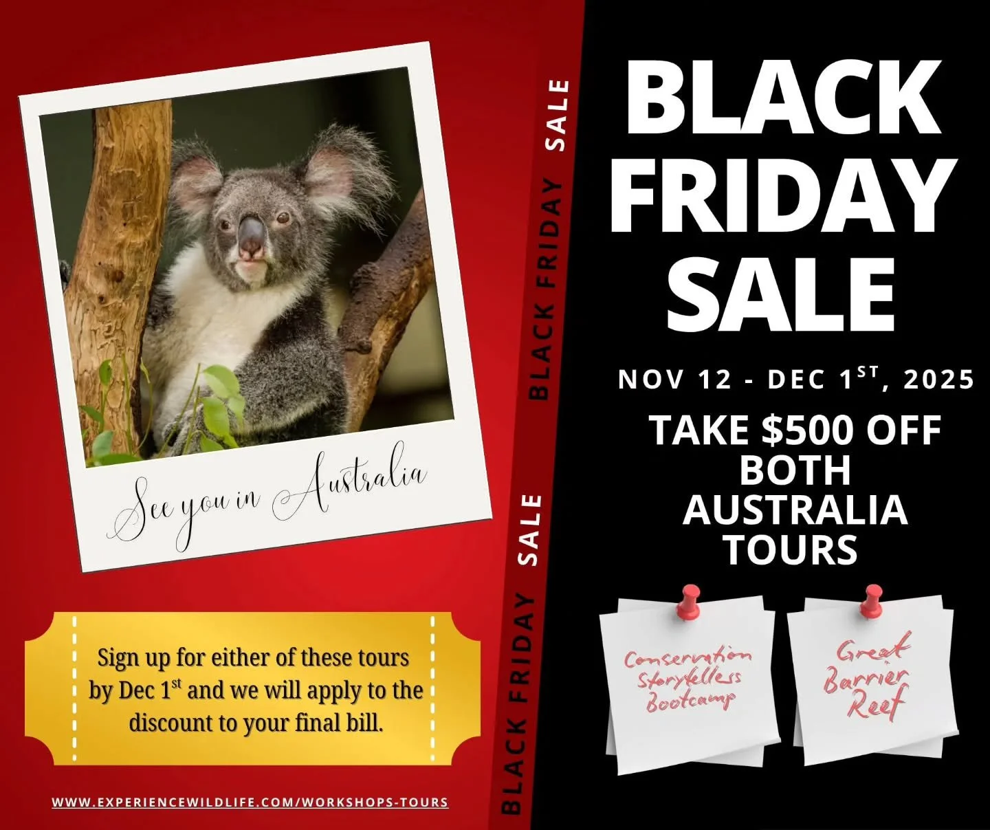 I have excited news! For the next two weeks only we are offering $500 off both of our Australia Tours. Sign up for either or both of these tours before Dec 1st and we will take off $500 for each tour off of your final registration fee. 

We are headi