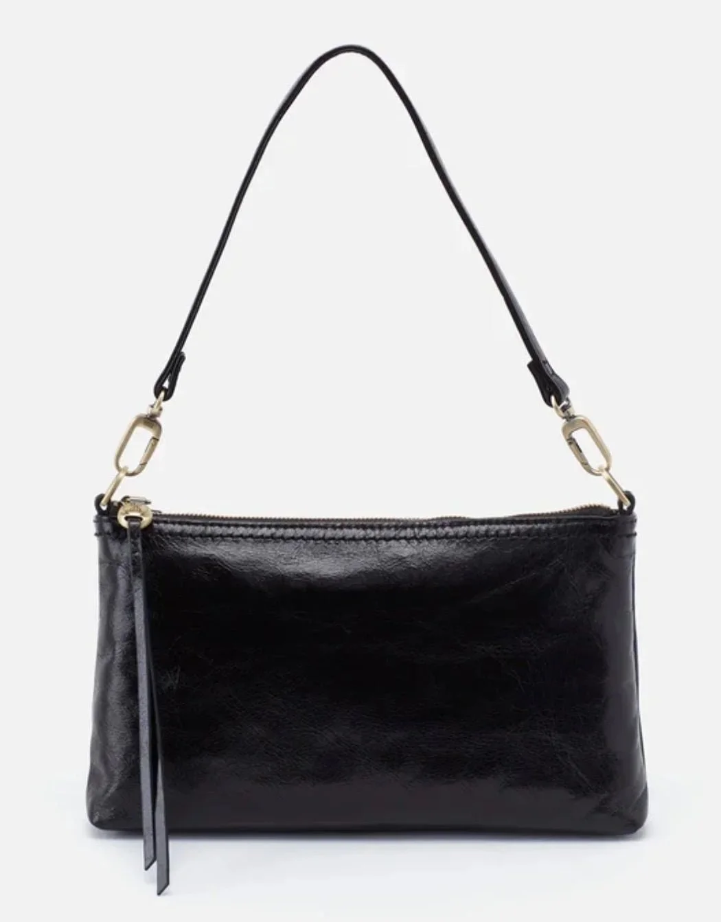 Spring fashion in Providence: a black leather purse with gold clasps.