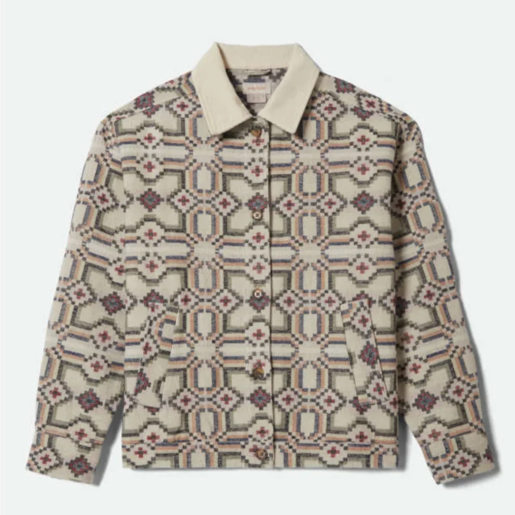 Spring fashion in Providence: A digi-tile patterned jacket in browns and greens.