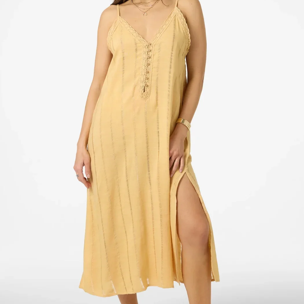 Spring fashion in Providence: a bright yellow strapless sundress.