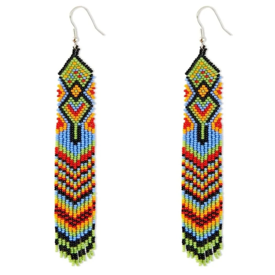 Spring fashion in Providence: two colorful beaded dangly earrings.