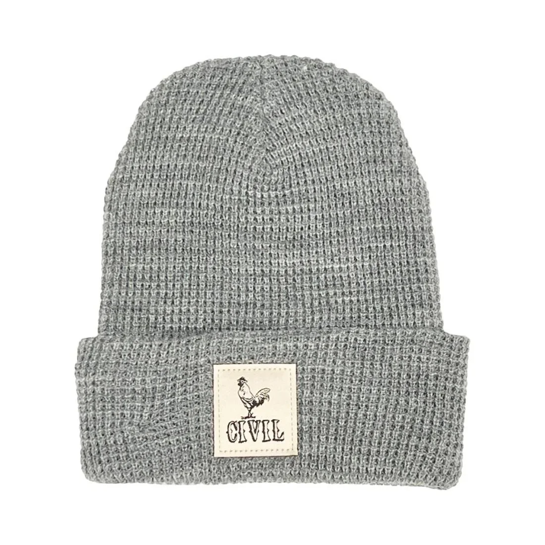 Stocking stuffers in Providence: a gray beanie with a tag that features a rooster and the word "Civil."