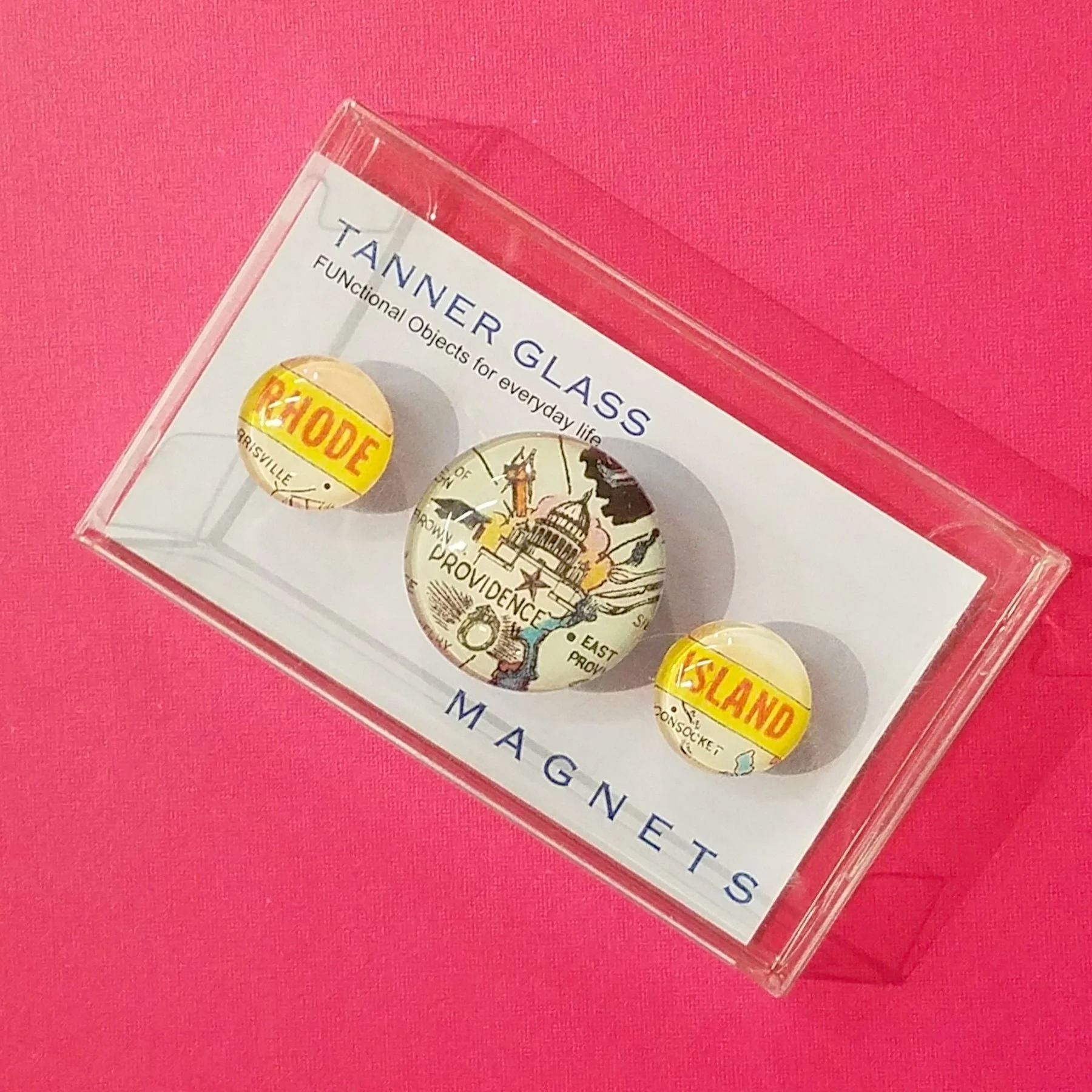 Stocking Stuffers in Providence: a set of three glass magnets depicting maps of RI places