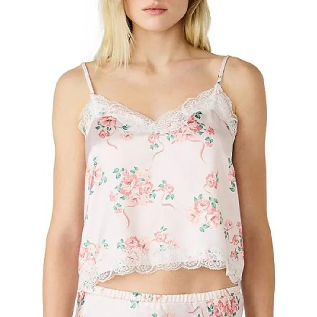 Spring fashion in Providence: A peach colored silky shirt adorned with pink flowers and trimmed with lace.