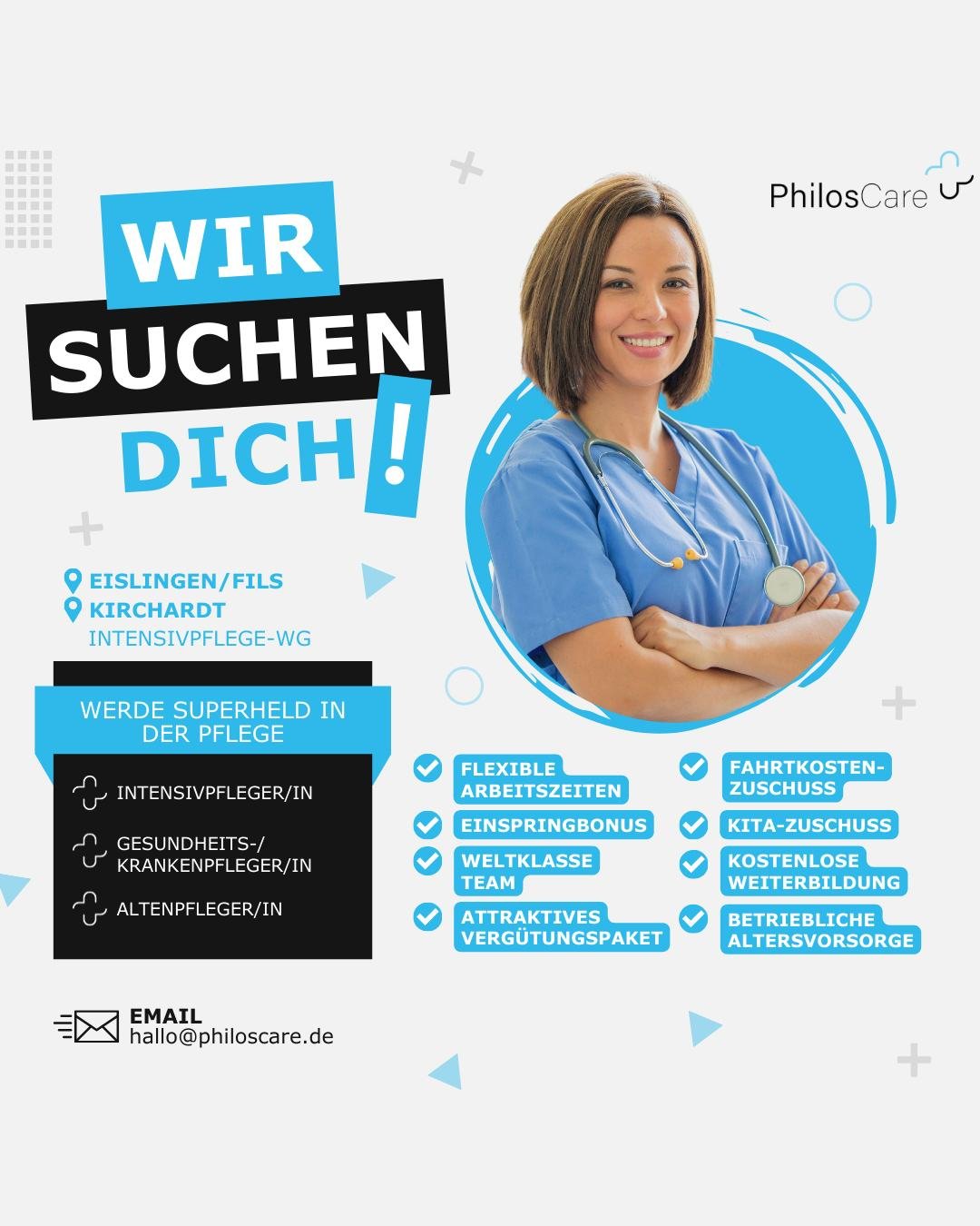 🤍 WIR SUCHEN DICH! 🤍

Du bist Intensivpfleger/in, Gesundheits- oder Krankenpfleger/in oder Altenpfleger/in und suchst nach einer neuen Herausforderung? Dann werde Teil unseres PhilosCare-Teams in Eislingen/Fils oder Kirchardt bei Heilbronn! 🚀💙

✨