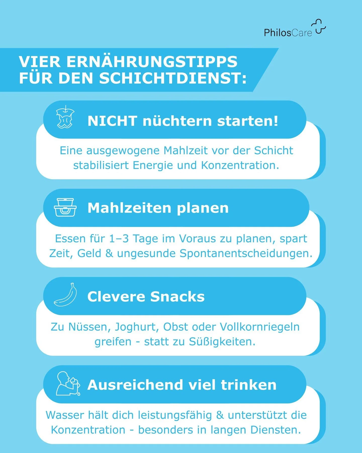 So simpel, dass man sie oft vergisst:
unsere vier Ern&auml;hrungstipps sind eine kleine Erinnerung, sich optimal auf die Schicht vorzubereiten.

So bleibt man energiegeladen, konzentriert und bereit, jede Schicht zu meistern! 💪🔋 

#Schichtdienst #P