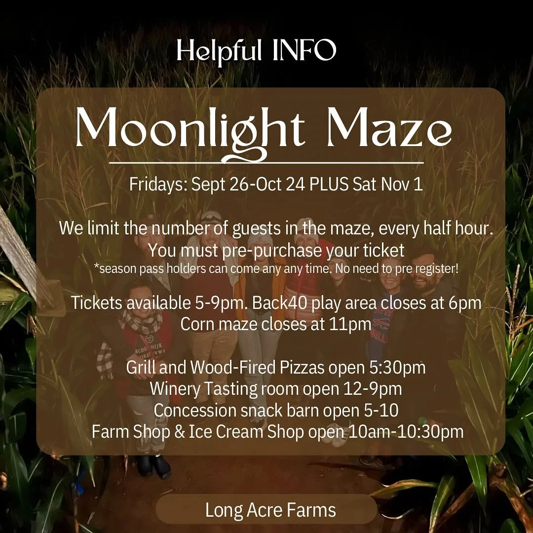Night mazes&hellip;.Only on select Friday nights and Saturday Nov 1st. Pre-purchase you tickets online to reserve your time.

Grab a campfire rental to enhance your outing!

Wood-fired pizzas are open moonlight maze nights. Grill also open for dinner