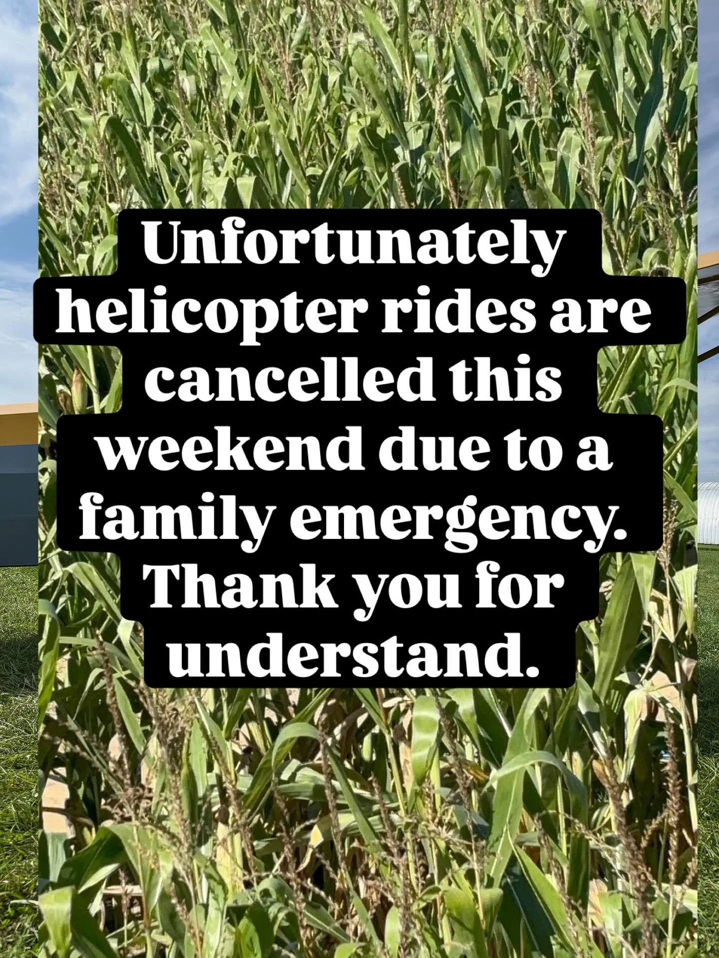 Hi friends! Unfortunately the helicopter pilot needs to cancel rides this weekend, he has a family emergency. Thank you for understanding. We will post again if he&rsquo;s able to reschedule to another weekend.