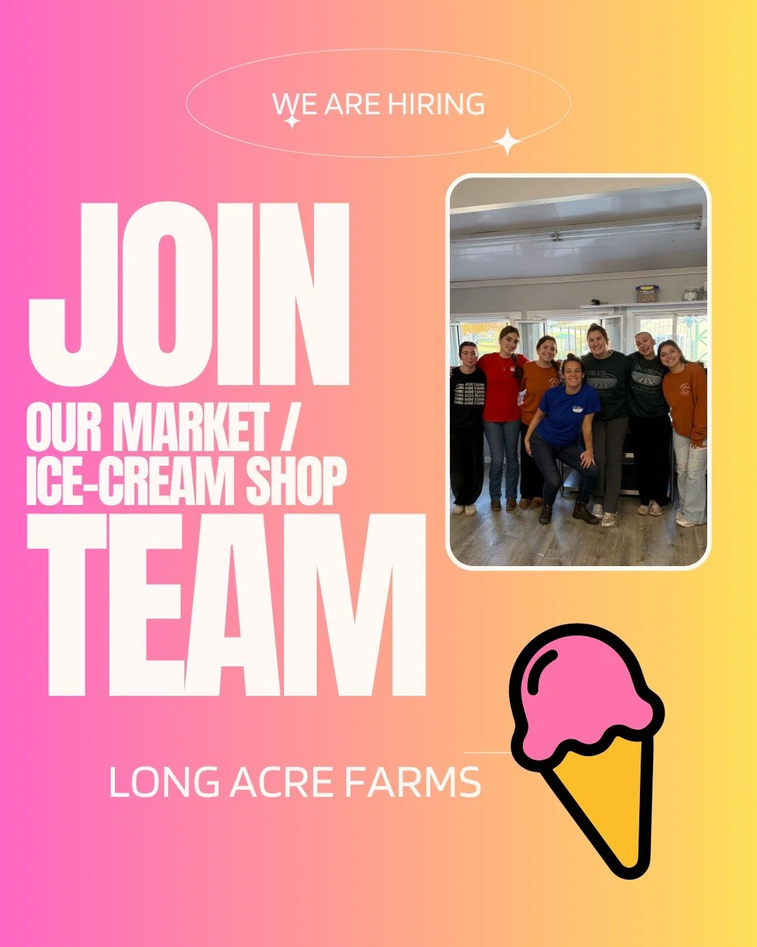 Come join our team!! We are now hiring ice-cream shop/ farm market members for the 2026 season.

Must be 15+ years old, outgoing, hard working, positive attitude and reliable transportation. Ideally have after school availability (so not currently co