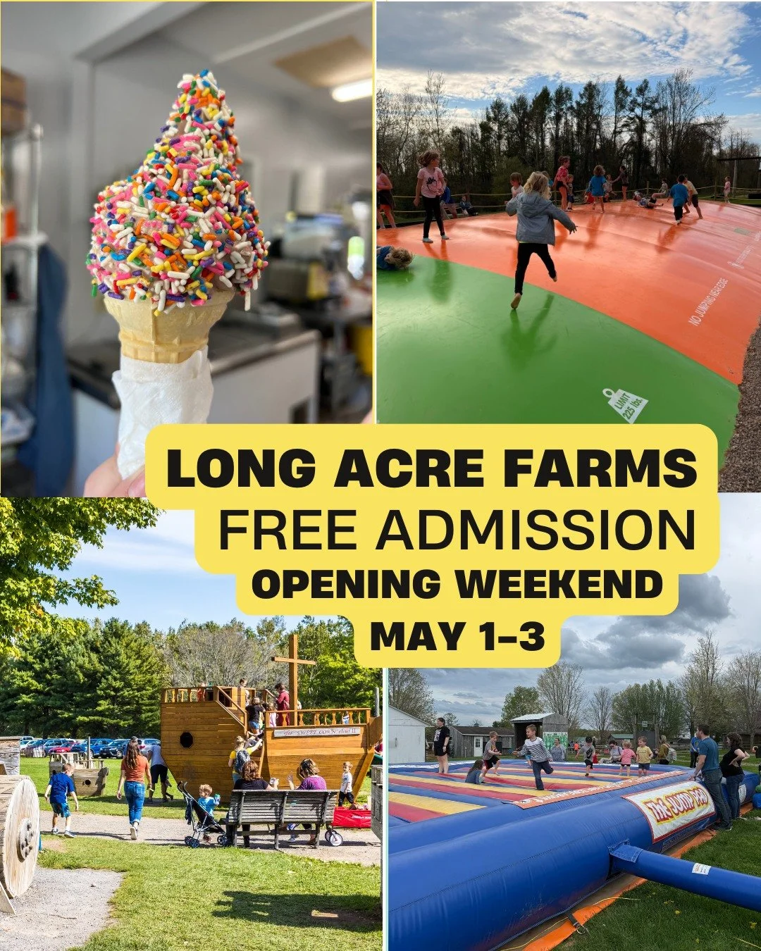 Opening Weekend Details- This FRIDAY, SATURDAY &amp; SUNDAY!!!! 

To kick off the season in the best way possible, we&rsquo;re offering FREE admission to the Back 40 play area for opening weekend:  from May 1st&ndash;3rd&mdash;with a non perishable f