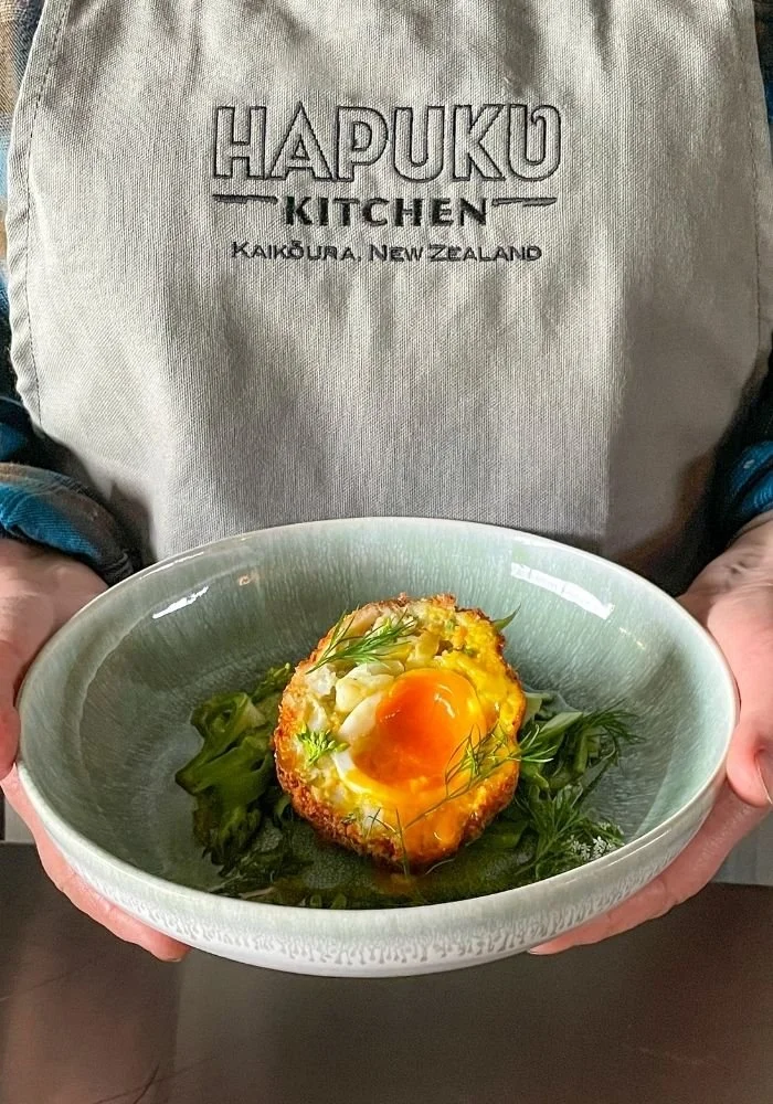 A crayfish (lobster) and blue cod Scotch egg at Hapuku Kitchen, New Zealand