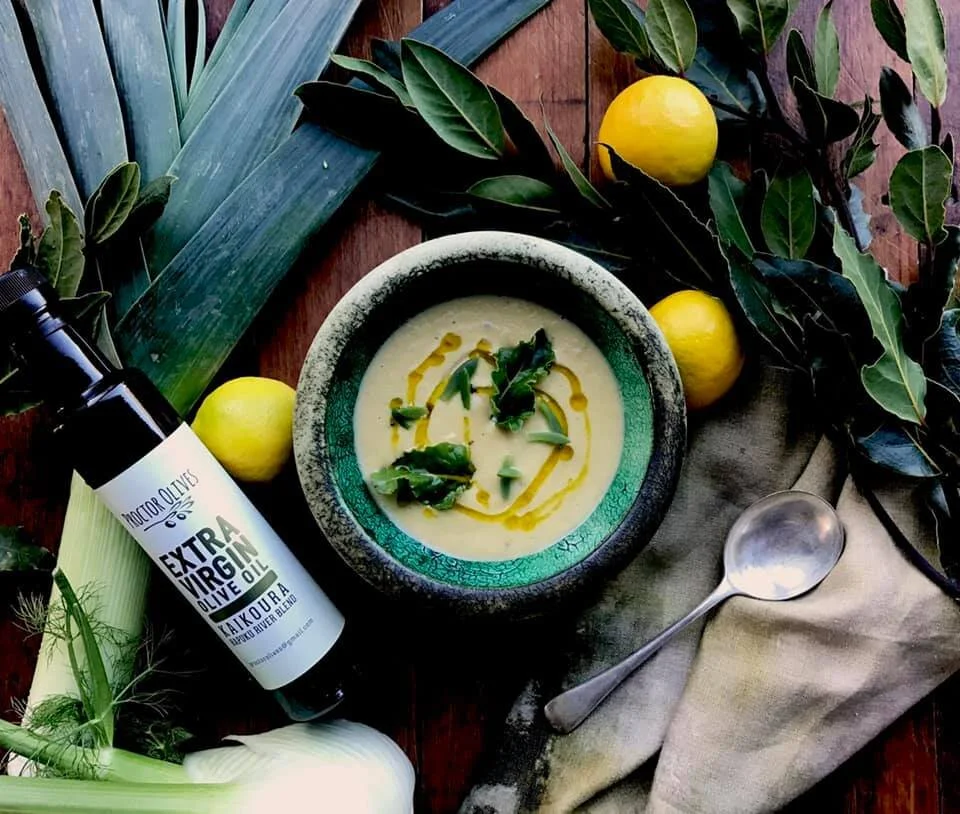 Bowl of soup with lemons, leeks and Proctor's Olive Oil, Hapuku Kitchen, Cooking School