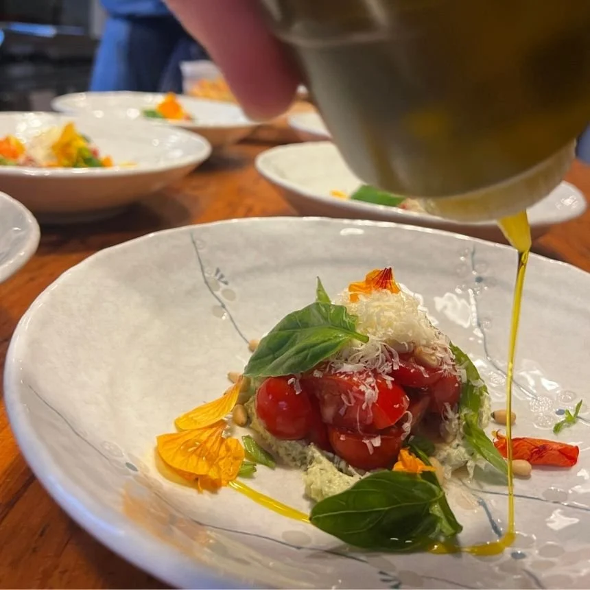 Homemade organic ricotta, homegrown tomatoes and herbs, local olive oil at Hapuku Kitchen