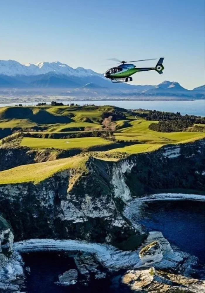 View Kaikoura from the air before landing at Hapuku Kitchen for foraging, harvesting and a long lunch