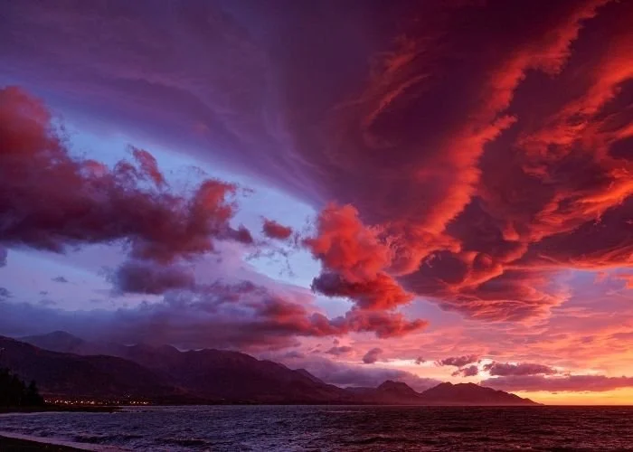 A dramatic sunset over the Kaikoura coast, New Zealand