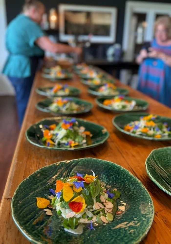 Line of fresh salads at Hapuku Kitchen's Supper Club in Kaikoura, New Zealand