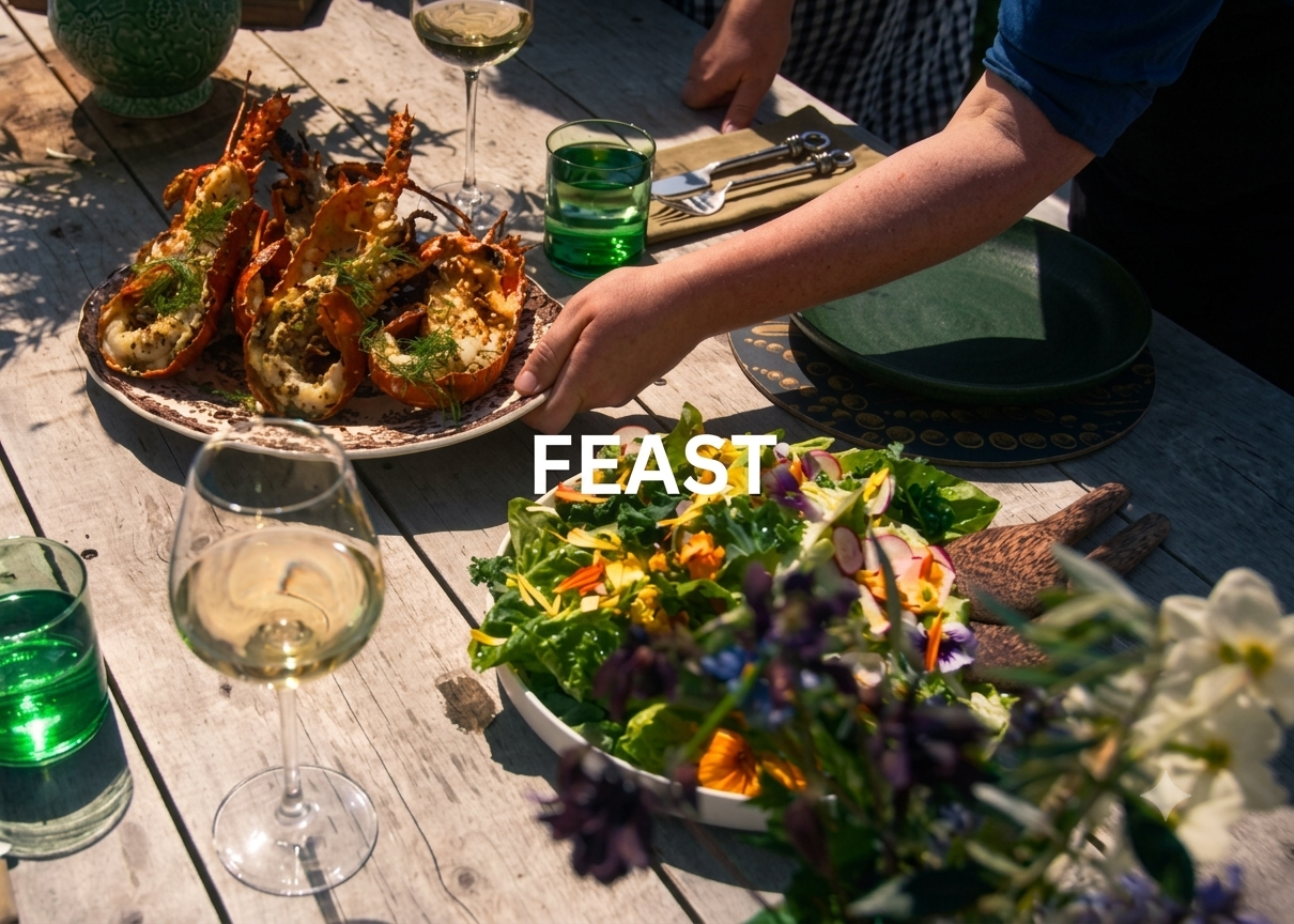 A dish of freshly cooked crayfish (spiny rock lobster) being presented as part of a seasonal feast at Hapuku Kitchen, New Zealand