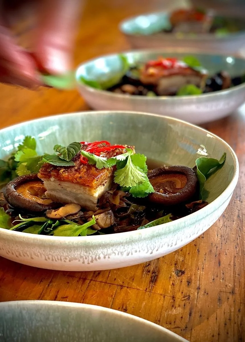 Pork belly with braised mushrooms, coriander, mint and chilli, Hapuku Kitchen
