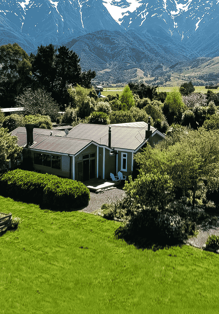 A view of Hapuku Kitchen at the base of the Kaikoura mountains, New Zealand