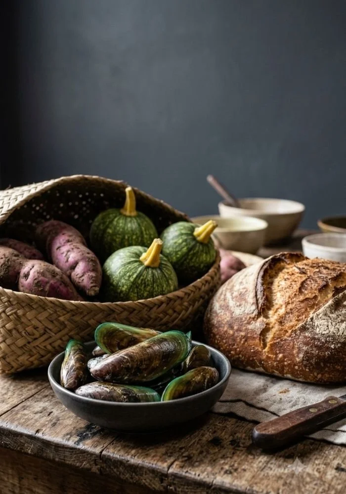 Kete (basket) of kumara, kamo kamo, mussels and rewena bread, Hapuku Kitchen, New Zealand