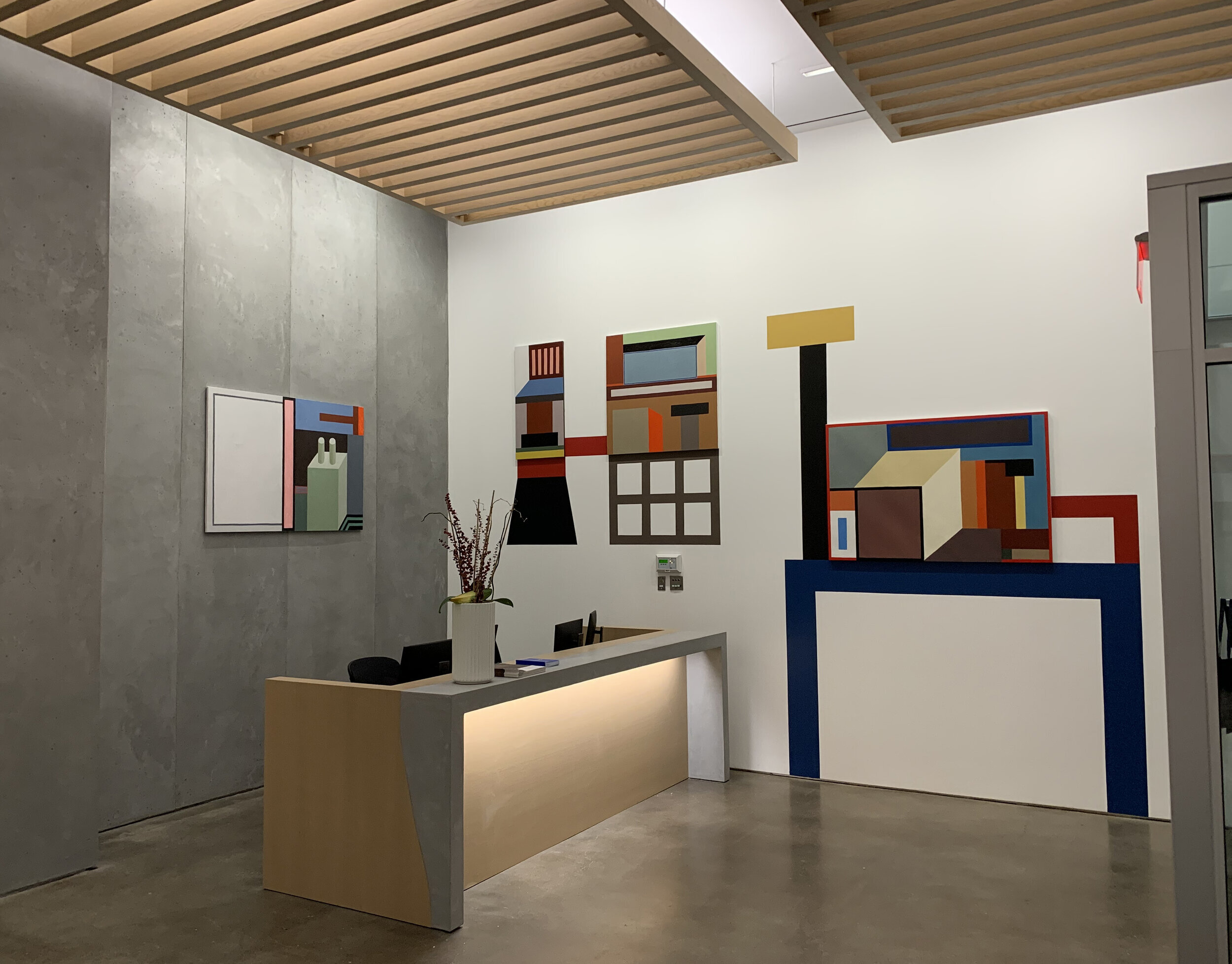 Reception: the painted mural design was created around 3 of Nathalie DuPasquier’s paintings. The design concept was relatively simple, but the execution required a lot of planning and foresight.