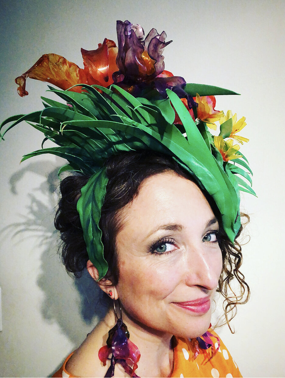 In developing the concept, I loved pushing the idea of what a derby hat typically is..BIG…COLORFUL, and DRAMATIC. I didn't want to use a typical hat base and was imagining something sculptural, which pointed me to thermoplastic. This was the first ti