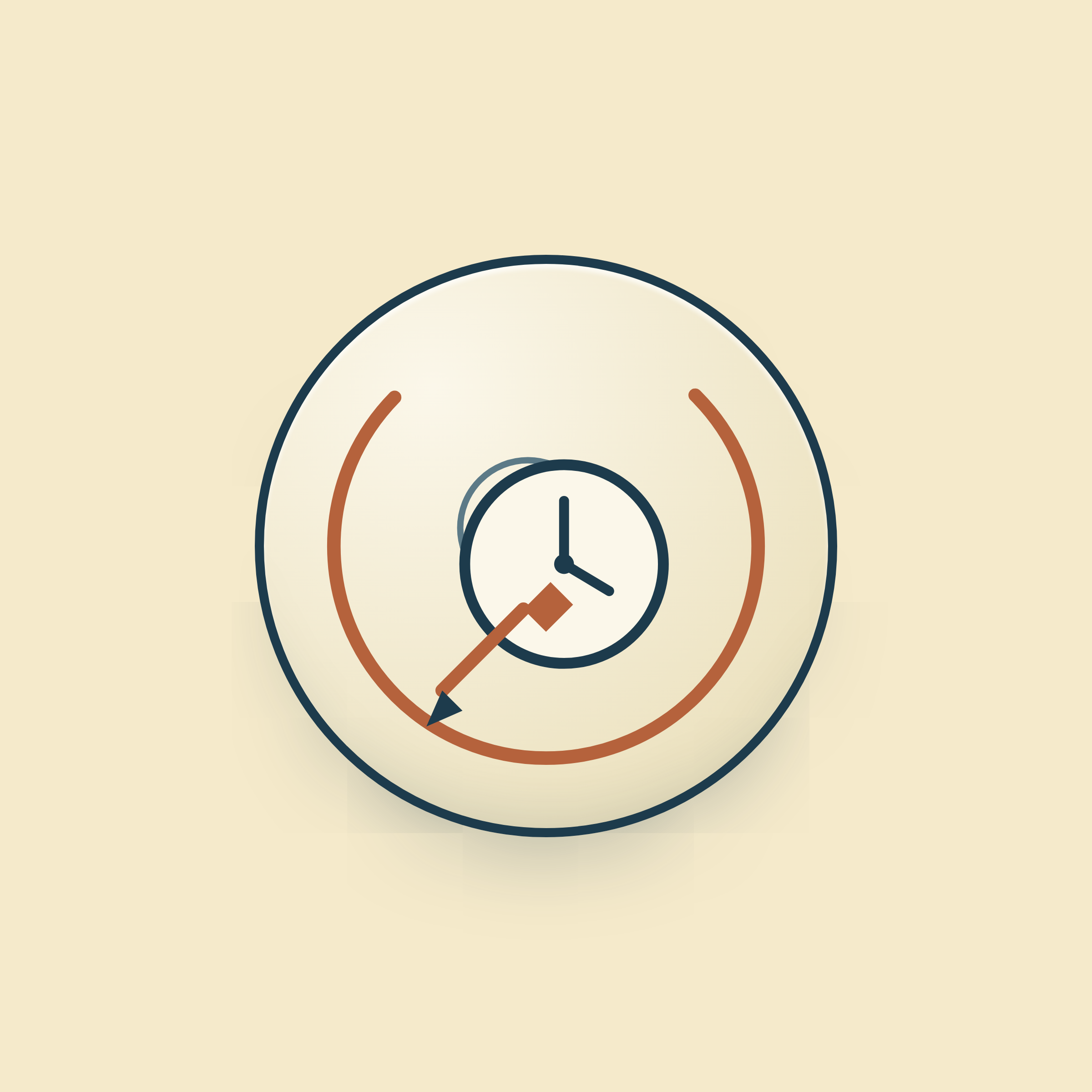 Minimalist clock illustration on a beige background, with black, orange, and brown outlines.
