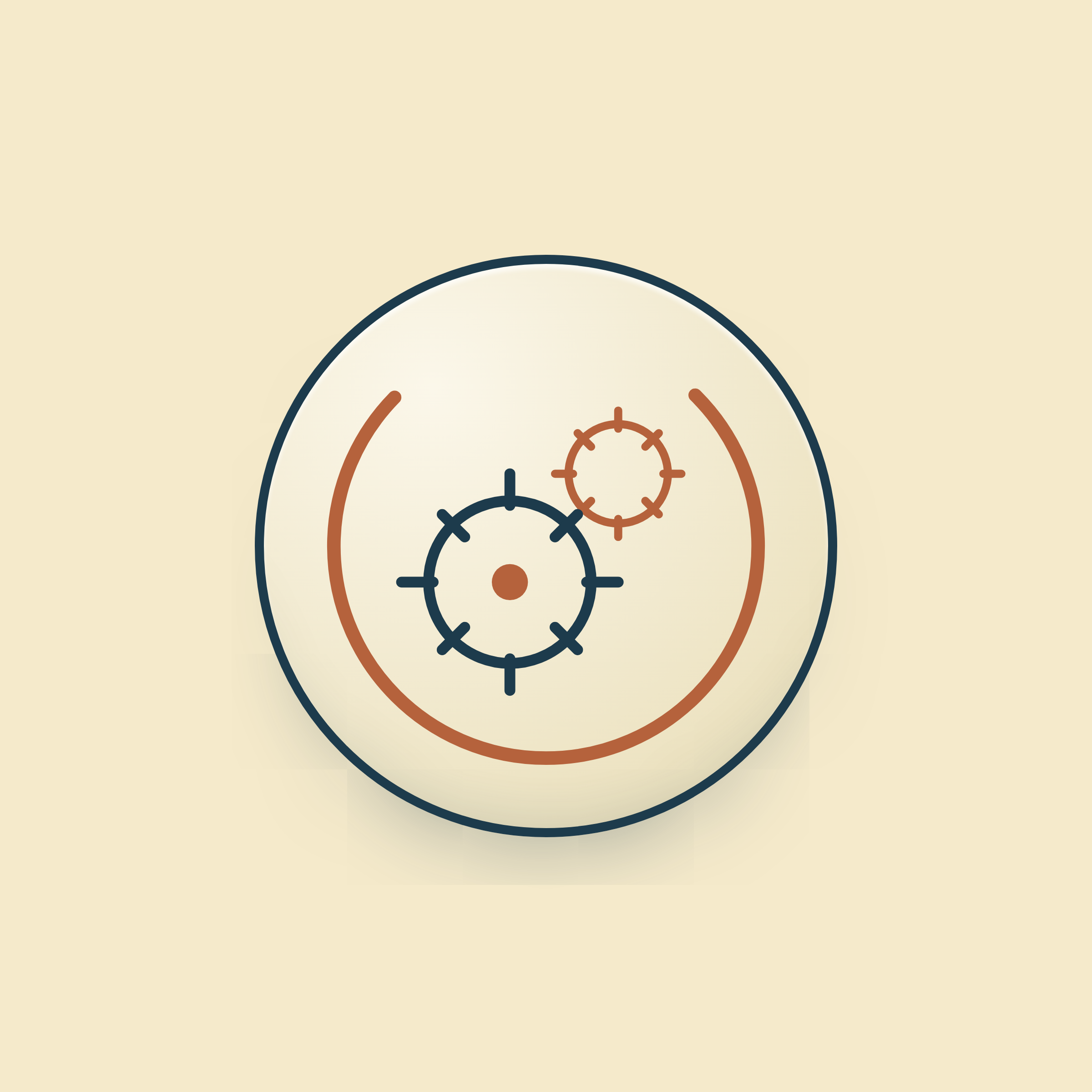 Close-up of a target with concentric circles and a single orange dart hitting the bullseye, on a light beige background.
