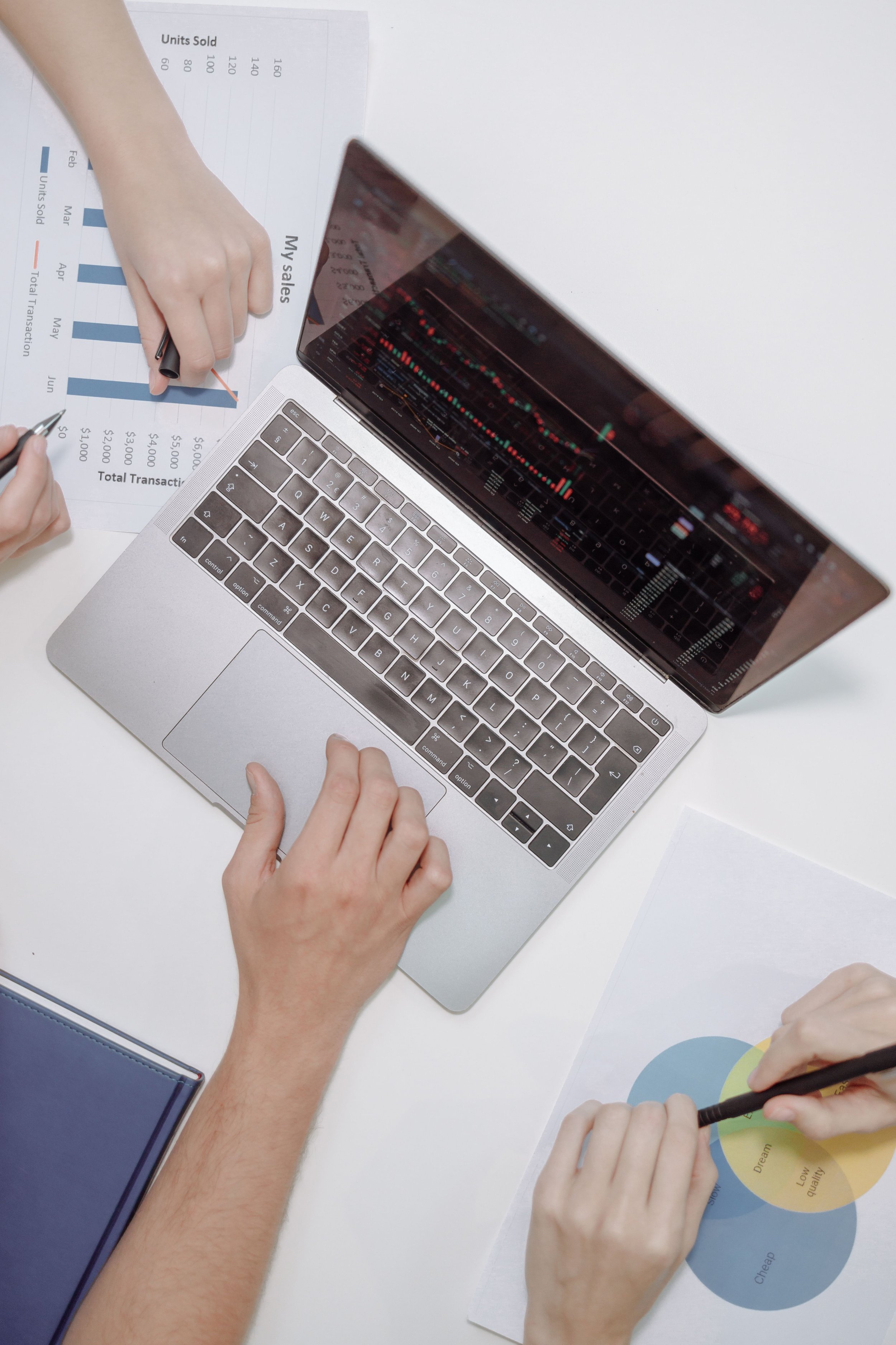 People working together on business documents, a laptop displaying stock charts, and financial analysis papers with charts and notes.