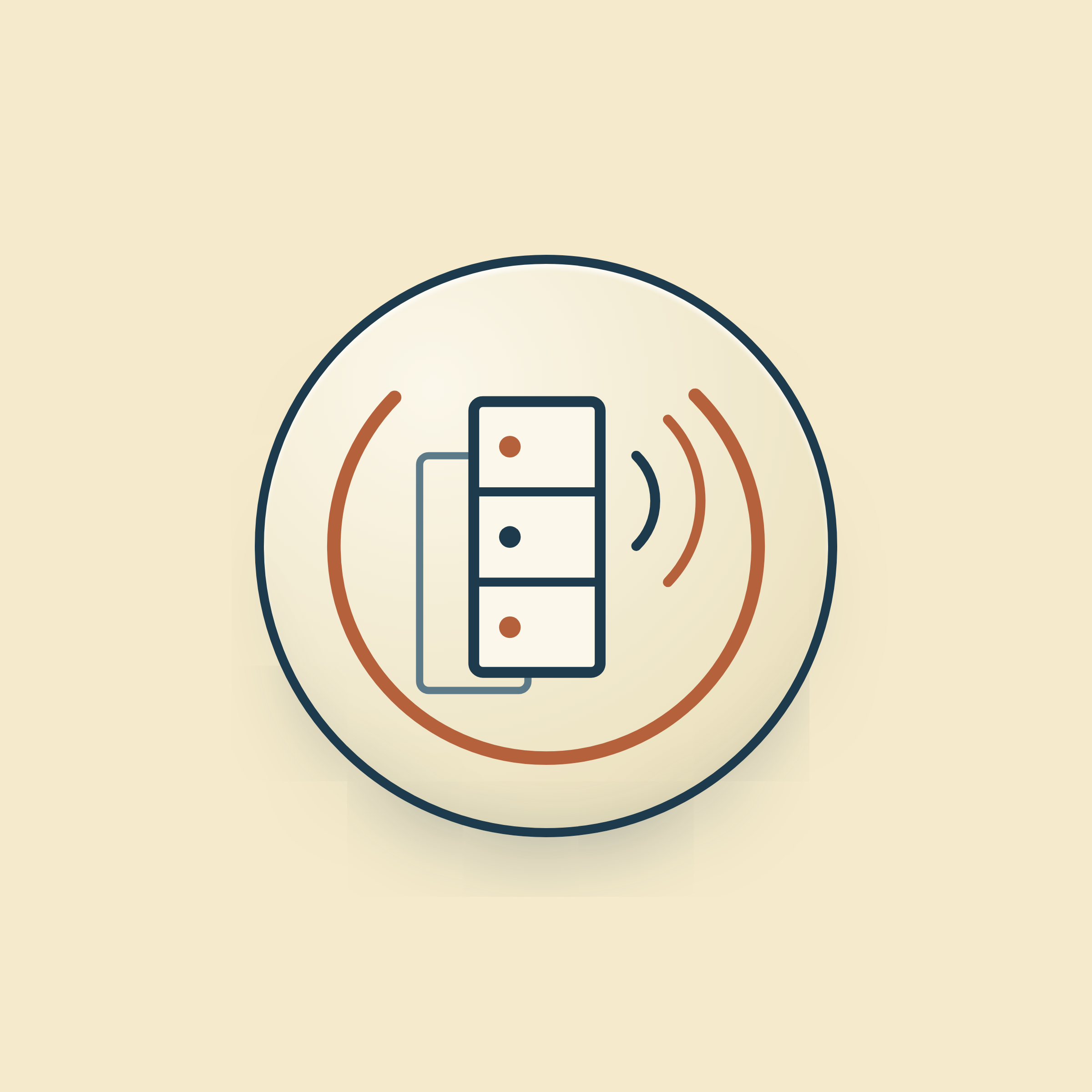 Illustration of a device emitting waves, possibly representing Wi-Fi signals, with a bar chart, set against a light beige background.