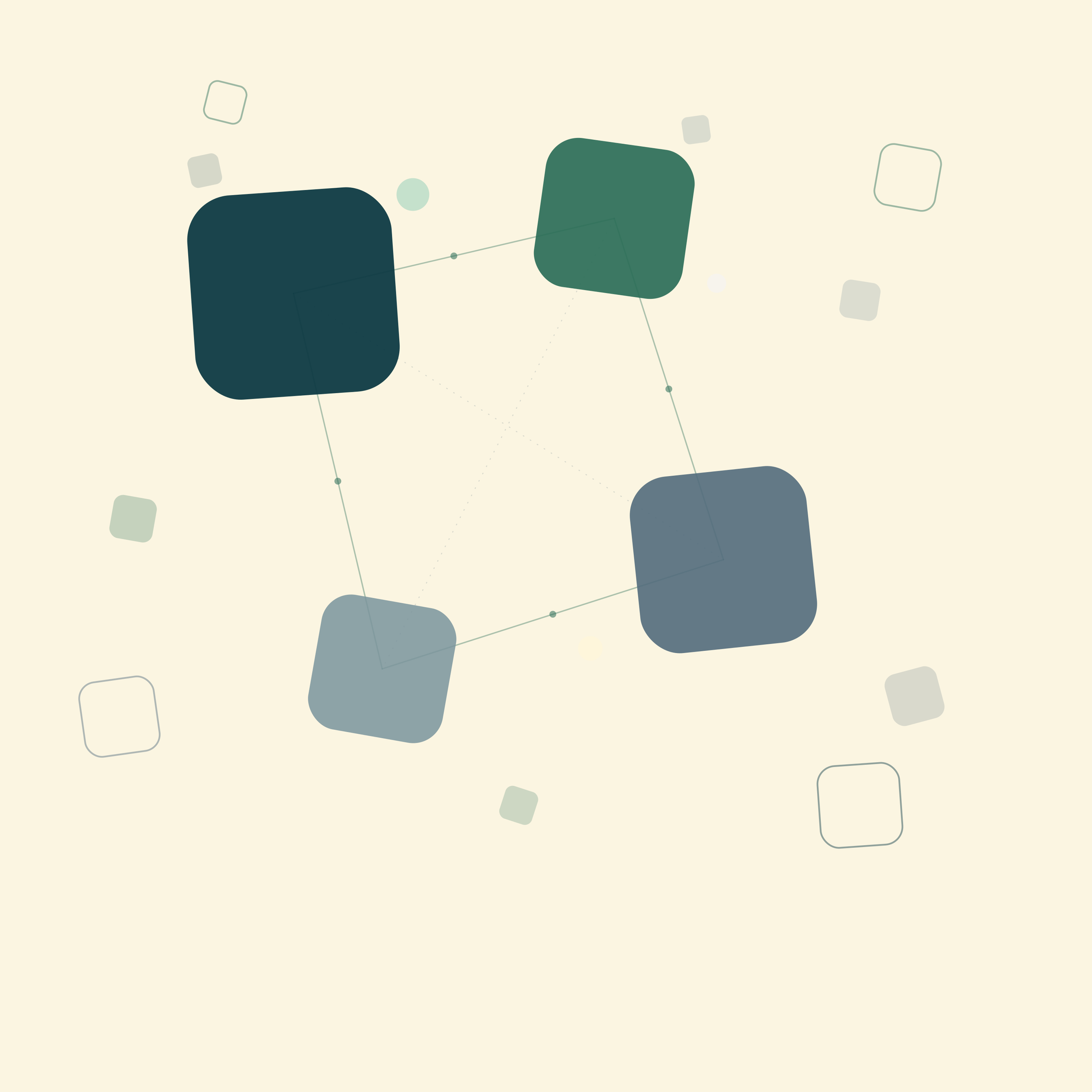 Abstract digital art with scattered square shapes and connecting lines on a beige background.