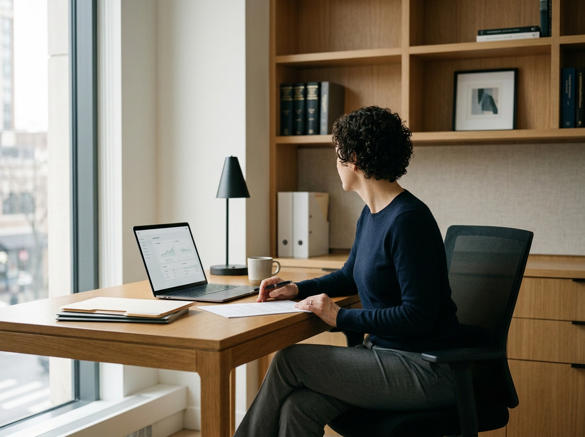 woman at desk facing laptop with coffee mug and pen