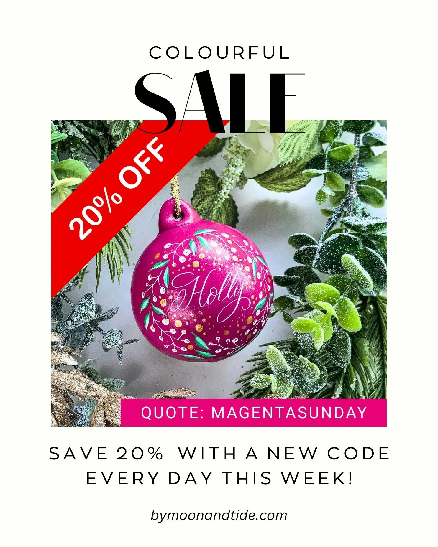 It's just you and me celebrating MAGENTASUNDAY - that one special day each year when you can save 20% on rich, dark, pink Christmas baubles! 🤣

Pop one of these lovely magenta name baubles into your basket at www.bymoonandtide.com and save 20% by qu
