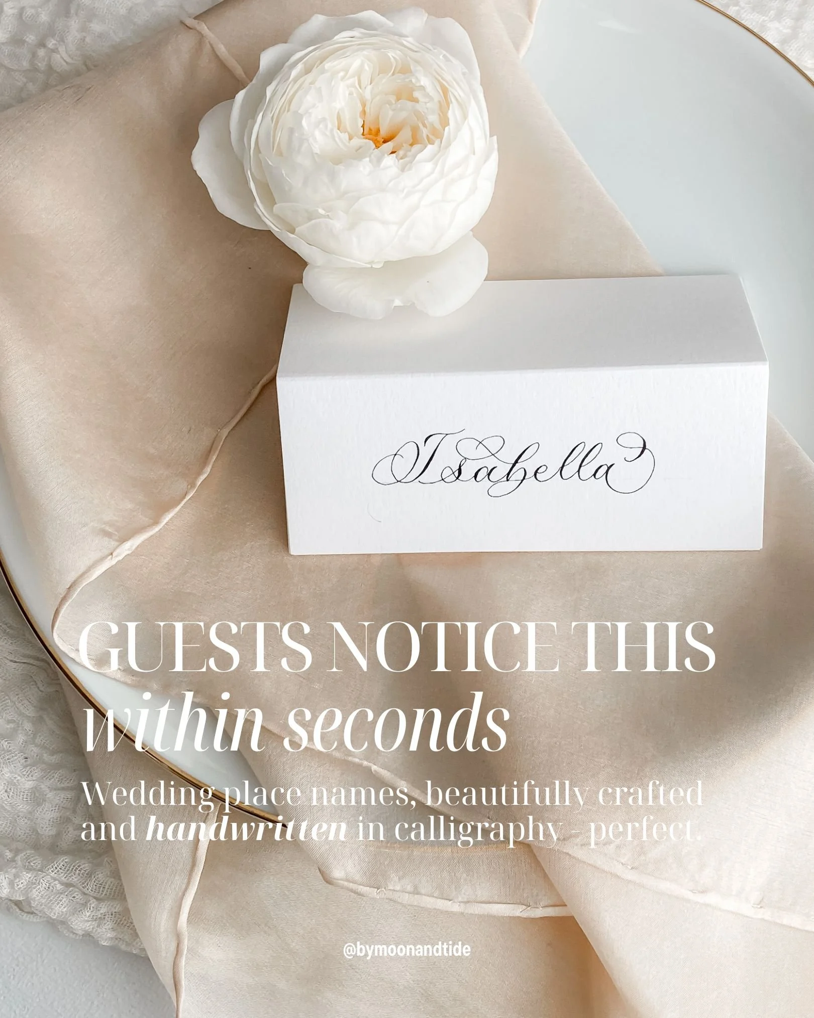 Wedding place names, beautifully crafted and genuinely handwritten in exquisite, professional calligraphy - perfect. 

A printed wedding place name can feel practical, even functional - simply there to show your guests where to sit. But calligraphy p