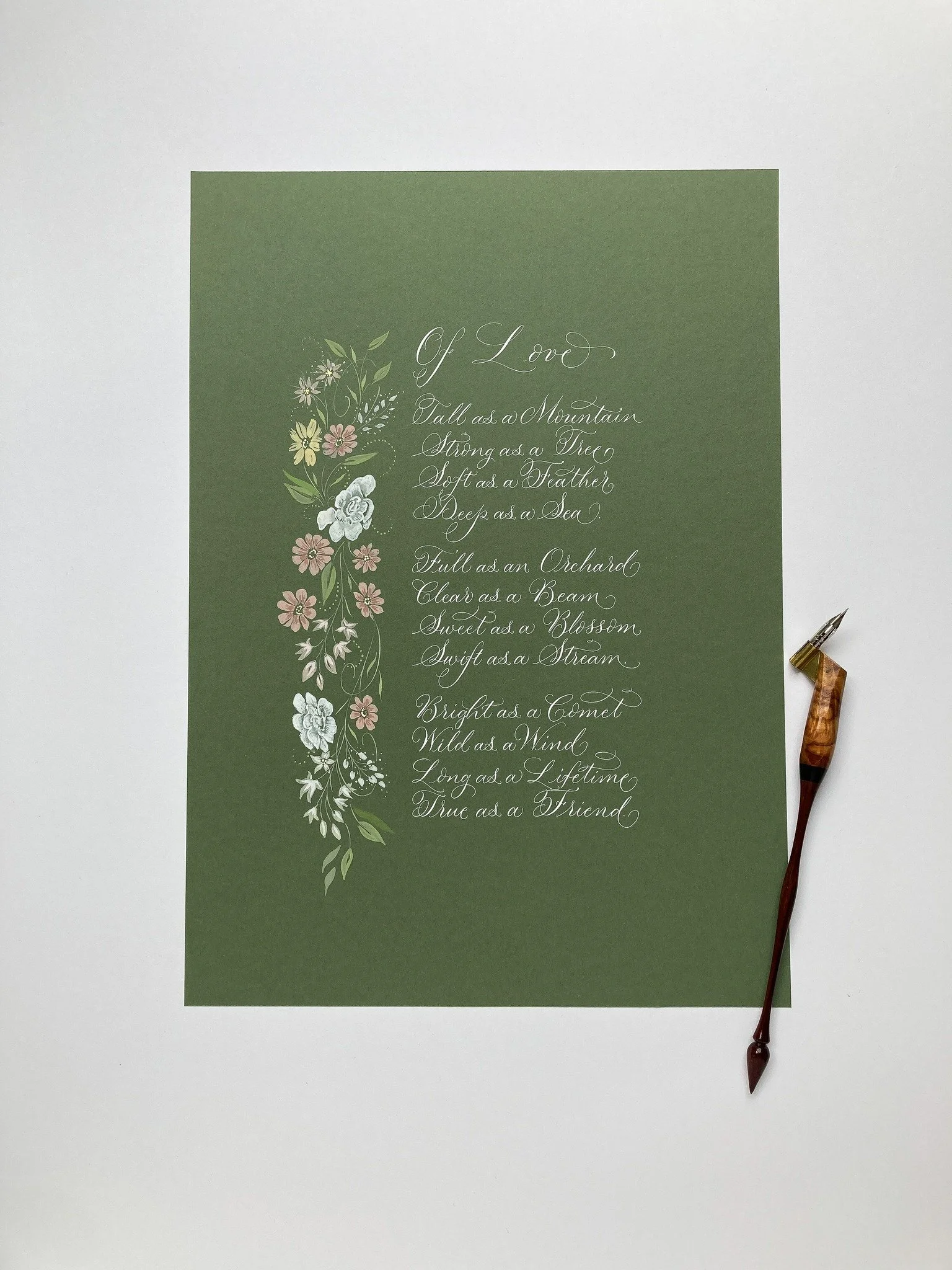 Found this little calligraphy poem commission while I was scrolling through my camera roll ☺️ I'm not sure I've ever shared it! I adore this shade of green with the white calligraphy ink. Words of love in a modern script with a little flourishing and